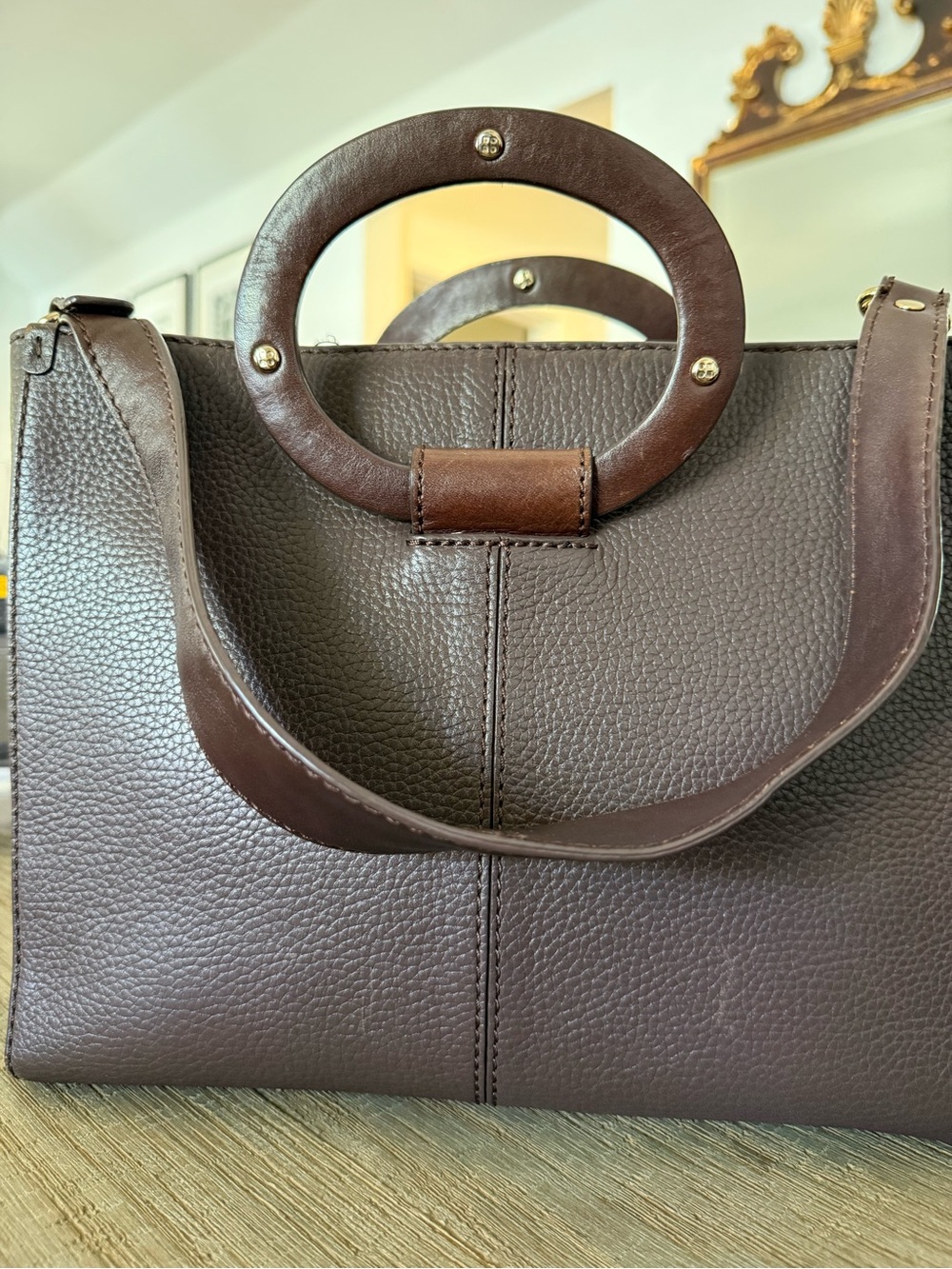 kate spade Dark Brown Pebbled Leather Satchel with Circular Top Handles